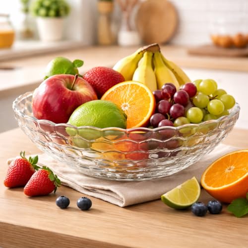Image of Pure Source India Premium Glass Fruit Bowl - 9 Inch Decorative Serving Bowl (1000ml Capacity)
