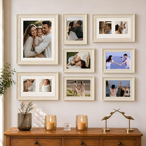 Image of Wooden Wall Collage Photo Frame Set of 8 for Wall Decor, Mixed Size Picture Frames for Family Photos, Gallery Wall Frame Set with Premium Finish for Living Room, Bedroom & Home Decoration (Off White)