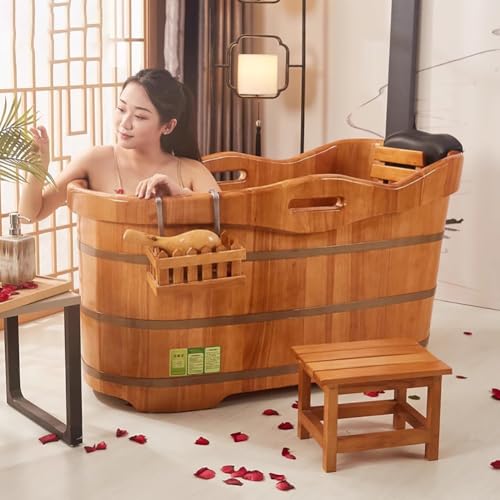TT-YEC Badewanne Aus Massivem Holz, Badewanne Aus Holz Mit Kopfstütze, Sitzbank Und Wasserventil, Badewanne Mit Wasserschöpfer, Traditionelles Japanisches Einzelbadewannenset Aus Eiche,L150cm – Bild 4