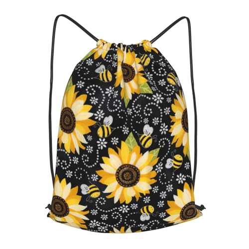 TTIGLHOH Mochila con cordón y diseño de abeja de girasol, bolsa deportiva de poliéster para gimnasio, viajes, Negro, M