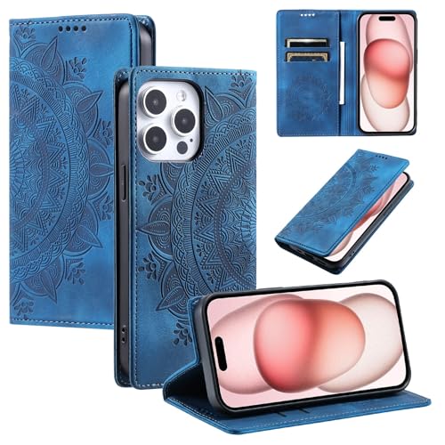 Housse en cuir iPhone 16e bleu pour ranger vos cartes et éviter les rayures d'écran