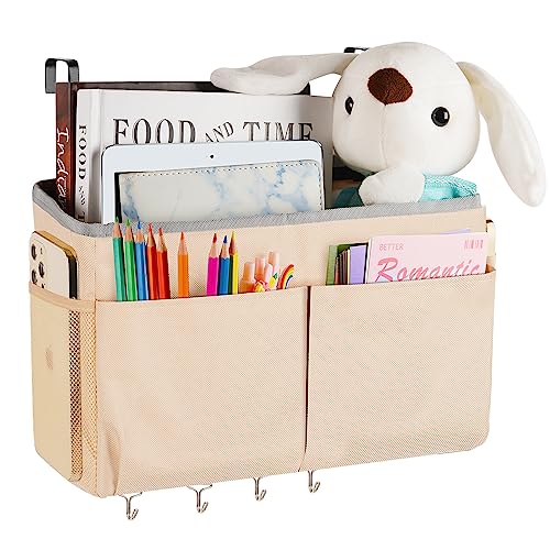 Image of Frjjthchy Bedside Storage Organizer 5 Pockets with 4 Hooks Hanging Storage Bag for Headboards/Bunk Bed (Khaki)