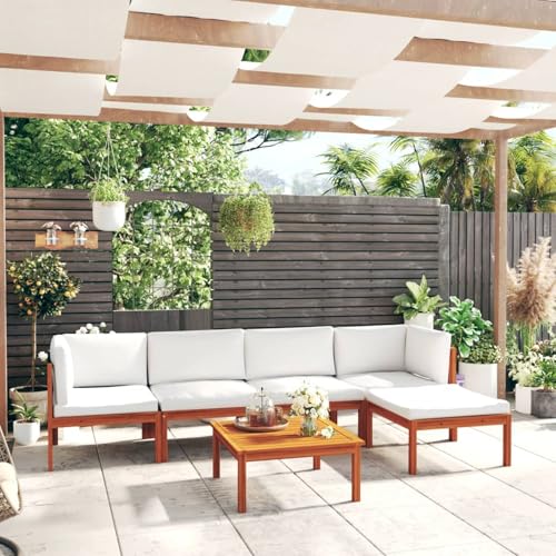 Rantry Muebles de Madera de Conjunto de Muebles con Mesa y sillones con Cojines Muebles de jardín 6 pzas Cojines Crema Madera Maciza de Acacia