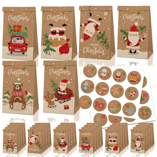 Notwoe® 24 Stück Geschenktüten Weihnachten,Personalisierte weihnachtstüten,Geschenktüten mit Weihnachtspinguin,Papiertüten Weihnachten für Geburtstagssüßigkeiten,Partys,Märkte. (Brown-B24)