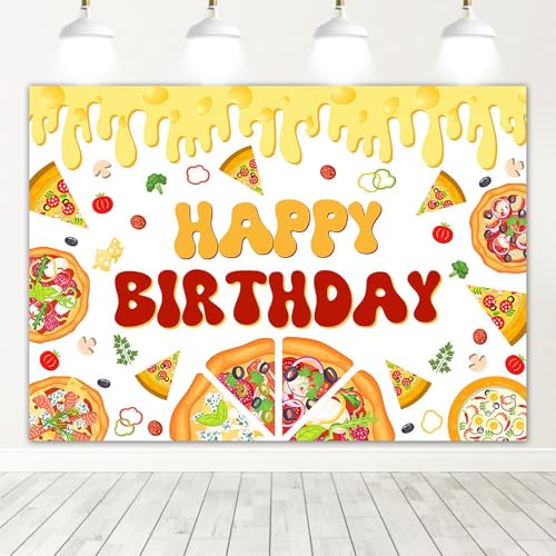 Mocsicka Pizza Birthday Backdrop Pizza Themed Happy Birthday Background Cooking Theme Party Decorations Photo Booth Props (7x5ft)