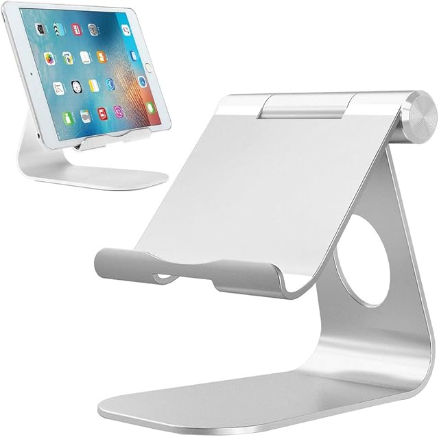 Tablet Stand, Adjustable Tablet Holder - Aluminum Minimalist Desktop Stand Dock Compatible with New iPad 2022 Pro 9.7, 10.5, 12.9, Air mini 2 3 4 5 6, Switch, Samsung Tab, Other Tablets etc- Silver