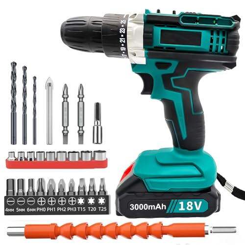 Cordless Drill Driver 18V, Cordless Drill with 3000mAh Battery, 25+3 Torque, 100N.m Max Electric Drill, 27PCS Drill Bits, 2 Speed(2000RPM), LED Light for Home and Garden DIY Project