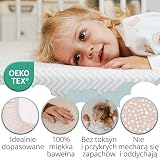 Mommybelly Zestaw Prześcieradeł Gondola 35x75. 2 Prześcieradła z Gumką z Bawełny Jersey + 1 Wodoodporny Ochraniacz na Materac Frotte do Wózka, Gondoli, Kosza Mojżesza. Certyfikat OekoTex. Beżowy 75x35