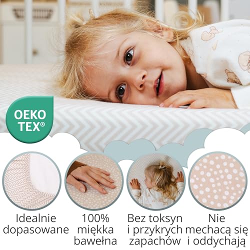 Mommybelly Zestaw Prześcieradeł Łóżeczko 70x140. 2 Prześcieradła z Gumką z Bawełny Jersey + 1 Wodoodporny Ochraniacz na Materac Frotte do Łóżeczka Dziecięcego. Certyfikat OekoTex. Wzór Beżowy 140 x 70