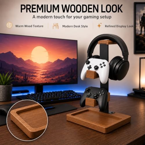 Solid Wood Headphone and Controller Stand with Tray & Anti-Slip Base — 사진 5