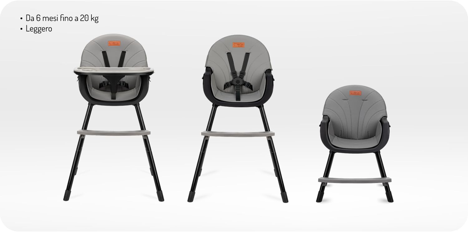 MoMi Seggiolone Pappa Evolutivo 3 in 1 - Sedia Evolutiva per Bambini da 6 a 36 Mesi - Cinture di sicurezza, Rivestimento in ecopelle, Poggiapiedi, Portabicchiere, Gioco con Ventosa - Nero