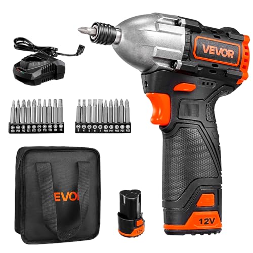VEVOR Impact Driver, 1/4 Inch, 3000 RPM Max Speed, 12 V Brushless Motor, Electric Cordless Impact Driver Kit with Battery and Charger, 20 Bits, LED Work Light, for Furniture, Electrical, Home Repairs