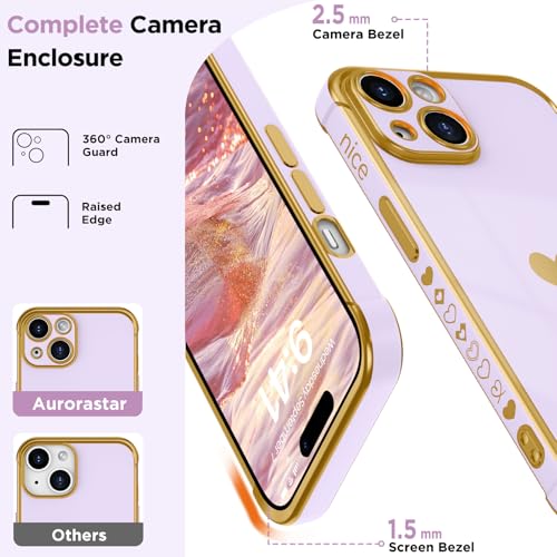 Compatible with iPhone 14 6.1", Phone Case Small Love Heart with Screen Protector, Luxury Plating Cute Phone Cases Soft TPU Pattern Print Design Shockproof Protection Cover for Women Girls, Purple — view 3