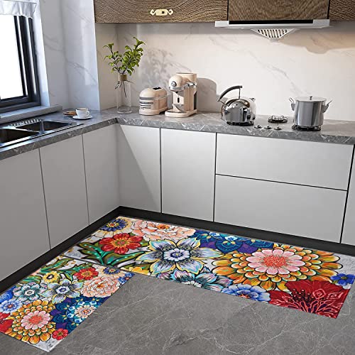 Faptoena Boho Mandala Kitchen Rugs Set 2,Boho Floral Kitchen Rugs And Mats Non Skid Washable,Bohemian Kitchen Decor And Accessories,Boho Kitchen Runner Rugs(17"X47"+17"X30") #TOP2