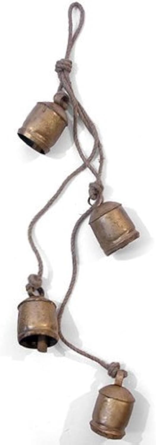 Chunky Rustic Vintage Indian Cow Bells on Rope Wall Hanging Dรฉcor, Metal, Gold, 6 x 6 x 83 cm