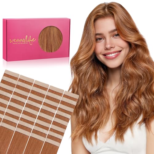 Image of WENNALIFE Tape in Hair Extensions Human Hair, 40pcs 60g 10 inch Cinnamon Terra Copper Hair Extensions Real Human Hair Straight Tape in Extensions Invisible Human Hair Extensions Reusable Real Hair Ext