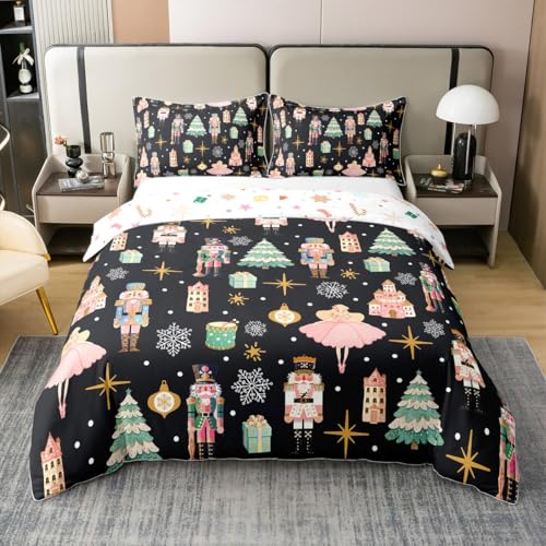 Black Christmas King Comforter Cover,Nutcracker Duvet Cover,Xmas Snowflake Stars Quilt Cover,Romantic Princess Castle Bedding Set for Women Men Adults
