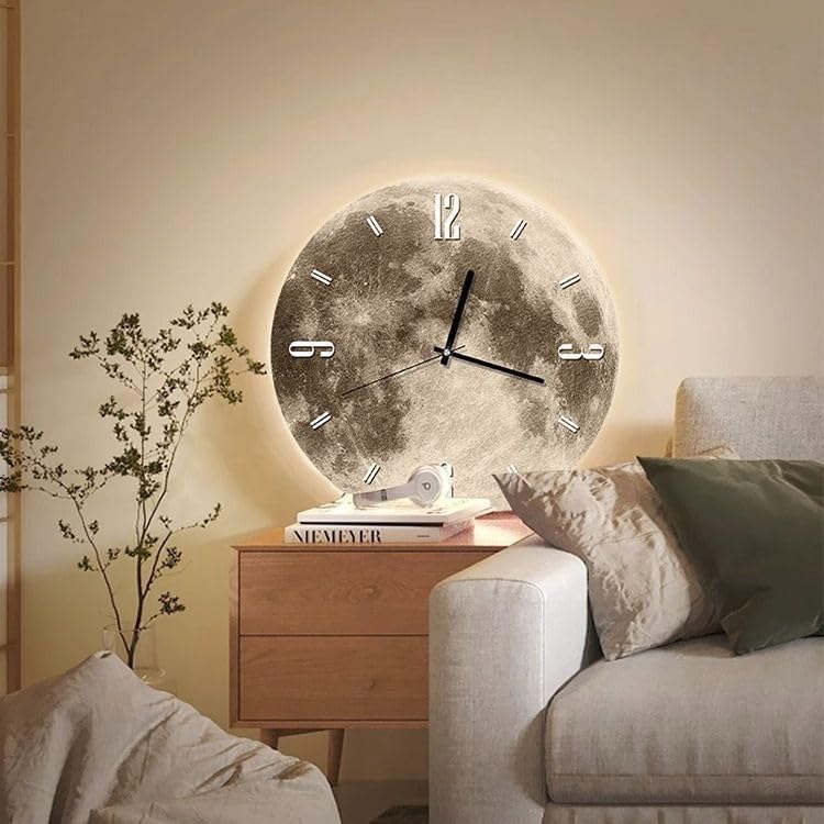 AAVEDA reloj de pared luminoso silencioso de 12 pulgadas, reloj de luz nocturna LED, sin tictac, patrón de luna redonda, decoración para sala de estar, baño y dormitorio