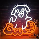 Halloween Neon Sign BOO Neon Sign for Wall Decor Ghost Dog Neon Light Halloween Decorations BOO Ghost Led Neon Light Up Sign for Halloween Bedroom Kids Room Bar Club Decoration Gift.