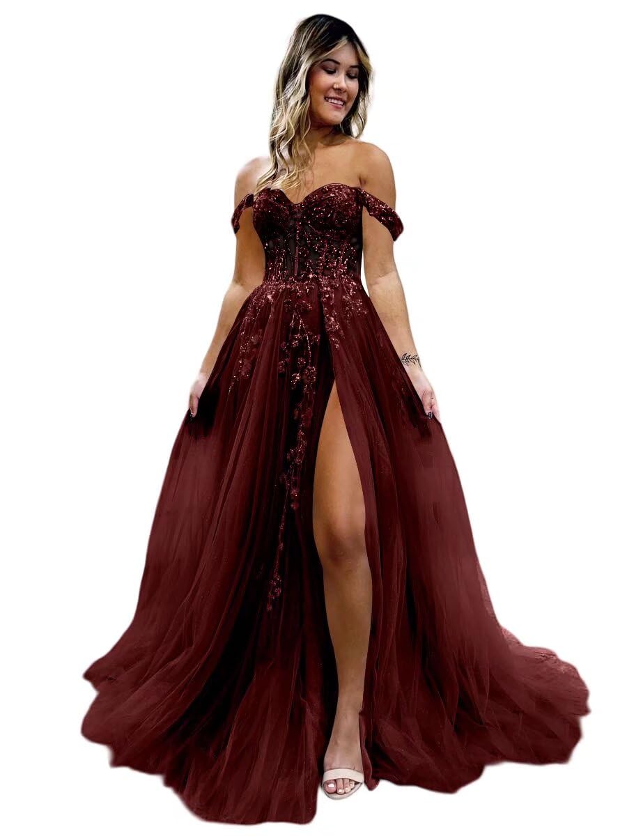 Lace Appliques Prom Dresses Long with Slit Off The Shoulder Formal Evening Gown for Women
