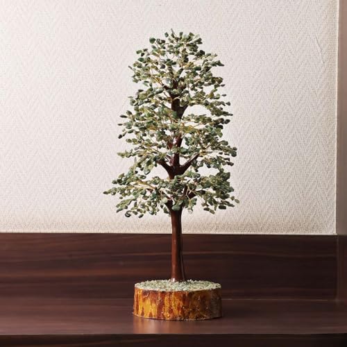 Image of Feng Shui Green Jade Gemstone Bonsai Money Tree, 1500 Beads Gold Wire Crystal Stone, for Home Decor, Showpiece