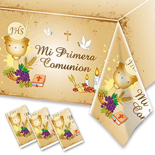 First Communion Table Cloth-3Pcs Mi Primera Comunion Rectangle Plastic Table Covers Holy Grail First Communion Party Supplies Christian Disposable Tablecloths (Spanish)