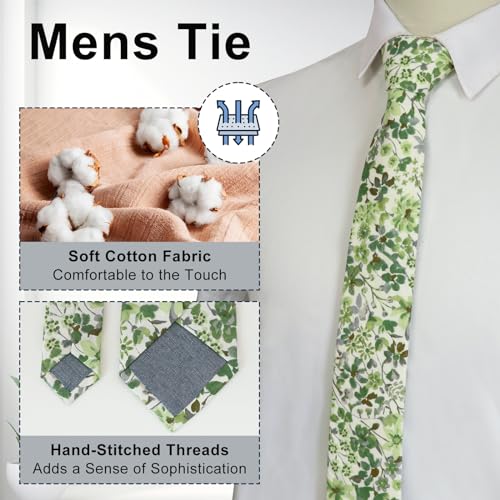 Image of Luckyvestir Ties for Men, Sage Green Cotton Floral Tie 2.76 inch Flower Printed Men's Neckties for Wedding /Groomsmen /Suit /Party