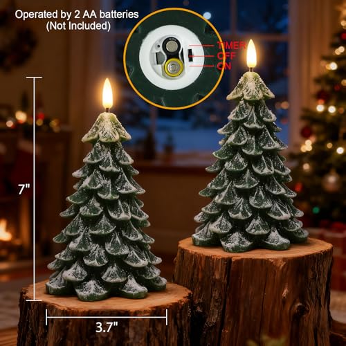 Image of Wondise Christmas Tree Flameless Candles with 6H Timer, 2 Pcs Real Wax Battery Operated LED Candles Flickering, 3D Wick Green Electric Candles for Christmas Holiday Decorations