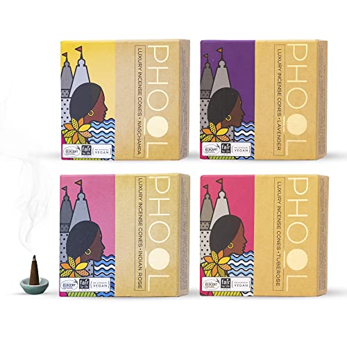 PHOOL LUXURY INCENSE Natural Incense Cones (Bundle Pack of 4) I Special Pack Floral Fragrances - Indian Rose, Tuberose, Lavender, Nagchampa I 100% Organic Dhoop Cones I Chemical & Charcoal Free