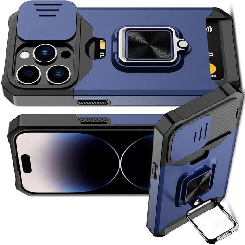Image of LuxuryKase Shockproof Armor Case for iPhone 14 Pro | Slide Camera Cover | Hidden Card Slot | Rotating Ring Kickstand | Magnetic Car Mount Support | Military Grade Protection - Blue