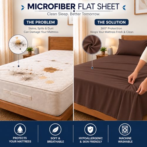 Image of Microfiber Double Size Bedsheet with 2 Pillow Covers | Ultra Soft & Breathable Flat Sheet | Wrinkle-Resistant, Premium Comfort for Everyday Use |Size (90 inch x 100 inch) Brown