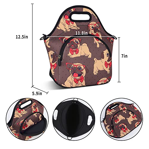 Violet Mist Pug Dog Neoprene Lunch Bag For Women Men Cute Cartoon Insulated Lunch Handbag Tote Shoulder Strap Pocket Reusable Waterproof Cooler Animal Lunch Box Gift Work Picnic #TOP5