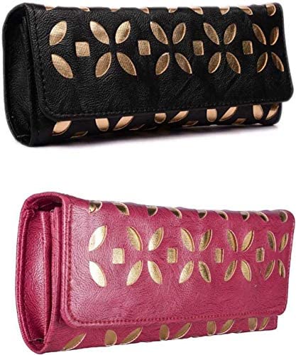 PU Leather Clutch Casual Latest Women Purse Girls Wallet Stylish Coin Card Holder Handbag for Ladies (Pink & Black)