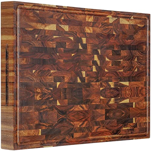 AZRHOM Thick End Grain Acacia Wood Cutting Board 24x18x2 In, Wooden Butcher Block, Chopping Board For Kitchen with Juice Groove Handles Non-Slip Pats (Gift Box)