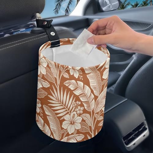 Image of Tropical Flower Print Car Trash Can Portable Collapsible Back Seat, Front Console, Floor, or Hanging Waste Basket Car Garbage Bag
