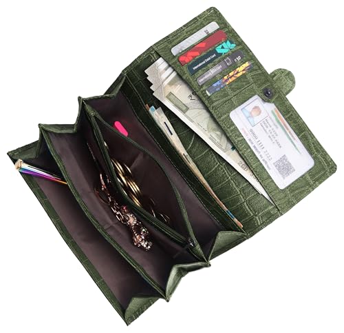 Image of WildHorn Women's Genuine Leather RFID Blocking Wallet | Tri-Fold High-Capacity Ladies Purse with Card Slots, Zipper Coin Pocket & Snap Closure | Ideal Gift for Women (Green Croc)