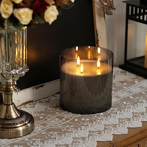 Image of Homemory 6X6'' Extra Large Flameless Candle with 3 Wicks, Glass LED Pillar Candle, Real Wax Battery Operated Candle with Remote Control and Timer, Grey