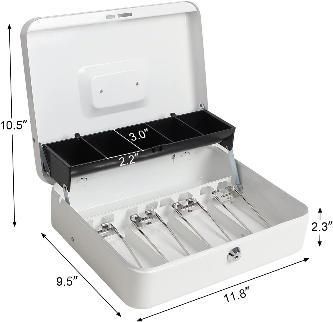 Cash Box with Key Lock, Durable Metal Cash Box with Money Tray, Lock Box Safe Storage Security Locker with Security Cable, 11.8" x 9.5" x 3.5", KBS-White