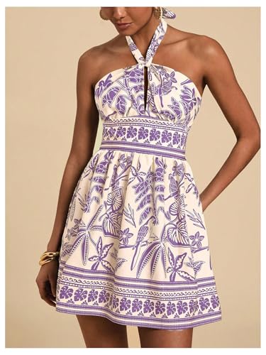Image of SOLY HUX Tropical Vacation Dress for Women Halter Tie Backless Sundress Sleeveless A Line Short Summer Dresses