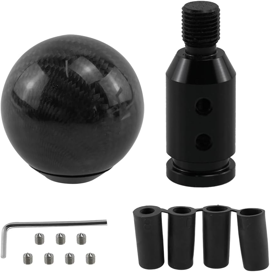 RYANSTAR RACING Carbon Fiber Shift Knob Gear Shifter Knobs with 3 Adapters Round Ball Stick Shifter Level Black with Adapter 12x1.25mm Compatible with Most Vehicles