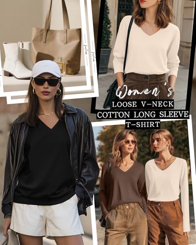 Ficerd 3 Pack Women's Long Sleeve Shirts, V Neck Cotton Casual Tops Loose Fit Solid Soft T-Shirts Curved Hem Basic Tees 20253