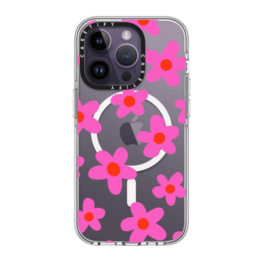 CASETiFY Clear Case for iPhone 14 Pro Compatible with Magsafe - bold retro seventies flowers in pink