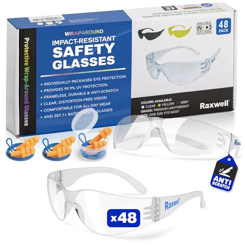 Raxwell Clear Safety Glasses 12-Pack,ANSI Z87.1 Certified Protective Eyewear,Wraparound Anti-Scratch Work,Impact-Resistant Polycarbonate Lense,UV Eye Protection for Construction,Lab,Industrial,DIY Use