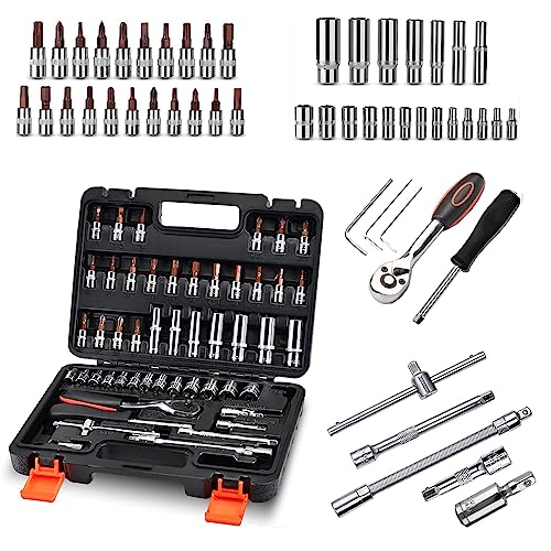 Azonee 53 Piece 1/4 Socket Wrench Set, 72 Teeth Quick Release Ratchet Wrench Set with Flexible Extension Rods, Driver Bits Metric Tool, CRV Sockets/Deep Sockets, Mechanical Tool Set for Home/Car