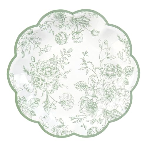 Elyxio 24 Pcs Green Floral Party Plates Vintage Floral Leaf Disposable Paper Plates Wildflower Sage Green Toile 7