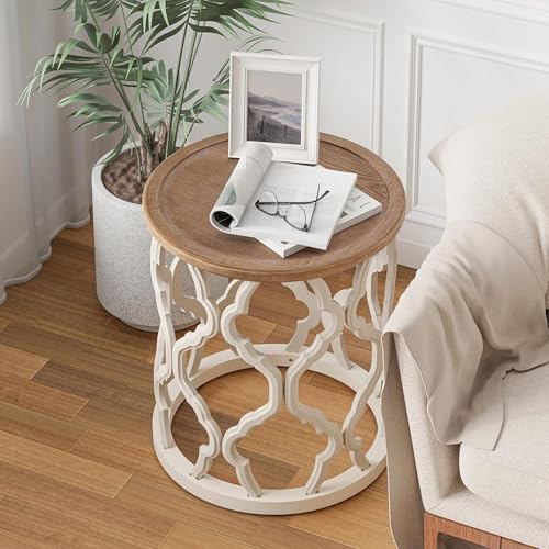Farmhouse End Table, Distressed Tray Top Side Table with Curved Motif Frame Base for Boho, Rustic, French Country, Small Space, Round, White - Image 6
