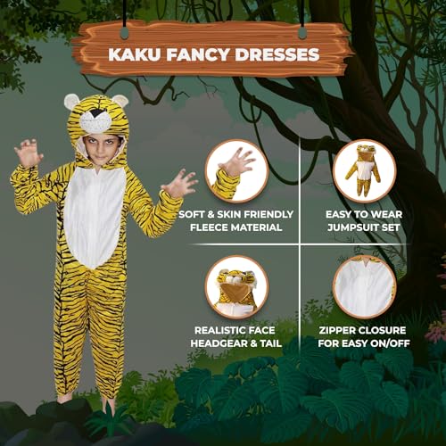 Image of Kaku Fancy Dresses Fleece Tiger Wild Animal Costume For Kids -Yellow, 5-6 Years|Animal Fancy Dress For Boys & Girls