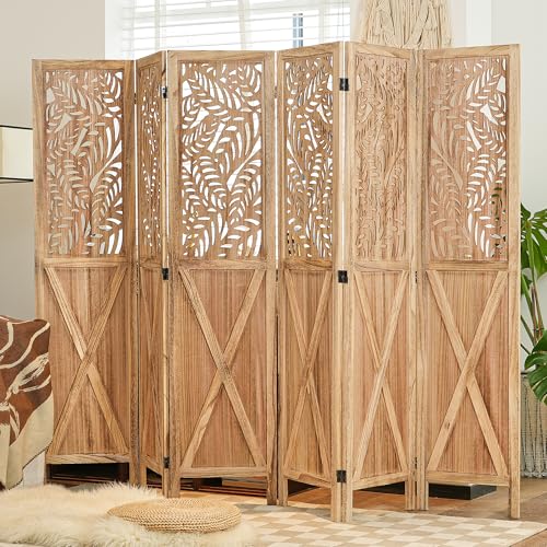 Boho Room Divider with Leaves Carving, 6-Panel Openwork Wood Screen, Decorative Folding Partition for Bedroom & Studio Apartment, 67" H x 96" W Beige