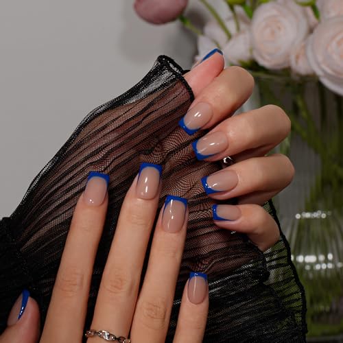 KQueenest Royal Blue French Tip Press On Nails Short Square, 30 Pcs Acrylic Press On Nails With Glue, Natural Nude Short Fake Nails Press ons Navy Blue, Reusable Soft Gel Glue on Nails for Women
