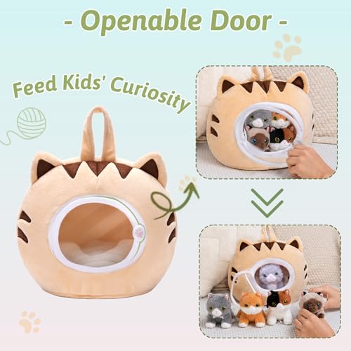 Image of OUOZZZ Cat Stuffed Animal House with 5 Soft Cat Toys for Kids, Portable Gift Set